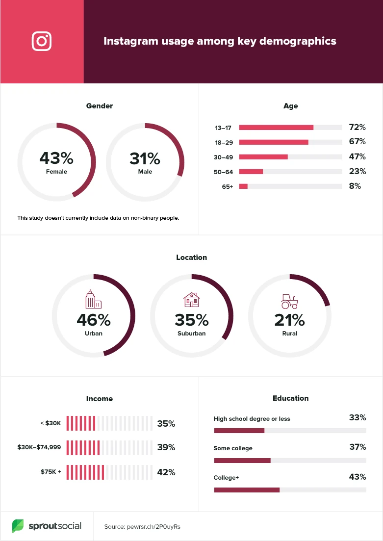 A demographics showing the instagram usage according to gender, age, location, income, and education